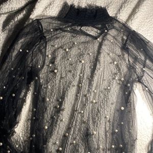 Super Cute Sheer Black Top with pearl detailing perfect for a rave or concert
